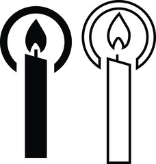 Set candle silhouettes for religion commemorative and party icon. Vector Black linear or flat symbol collection isolated on transparent background. Editable stroke some melted and others solid.