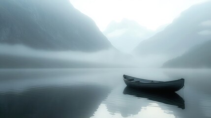  a small boat floating on top of a body of water near a mountain range in a foggy, foggy, foggy, and foggy sky filled sky.