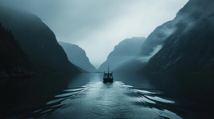  a boat in a body of water with mountains in the background and fog in the foreground, with a boat in the middle of the water, and fog in the middle of the foreground. - obrazy, fototapety, plakaty
