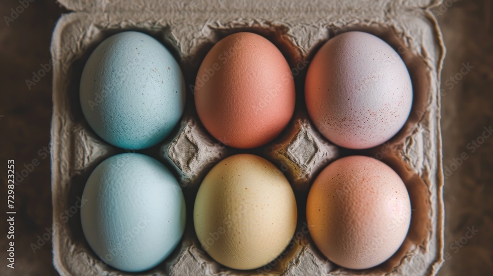 Poster a group of eggs in a carton on a table with one egg in the middle of the carton and one egg in the m