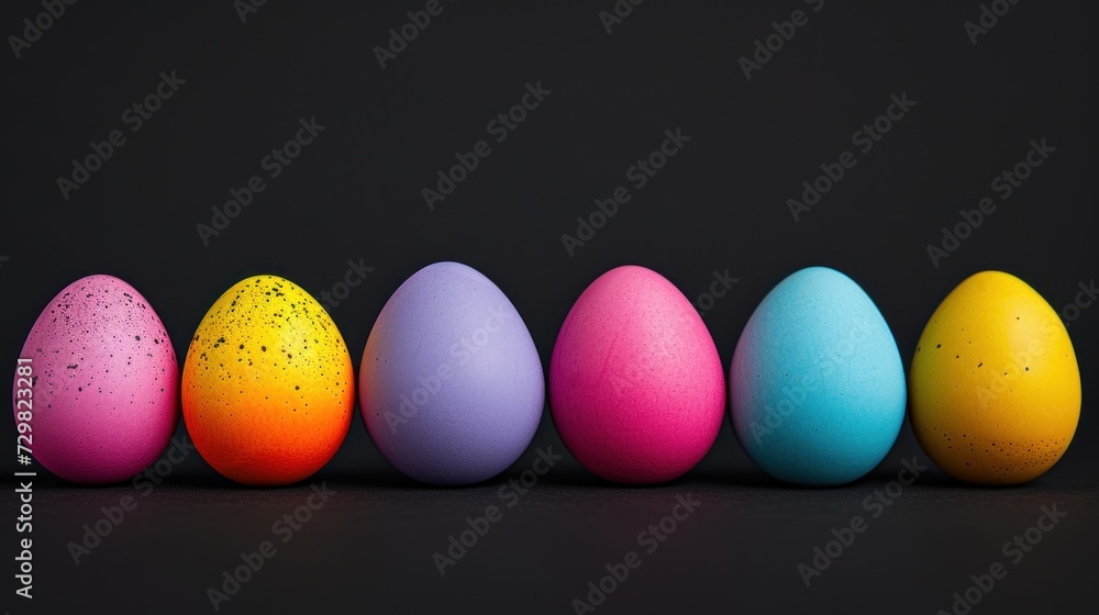 Poster a row of colored eggs with speckles in the middle of the row on a black background, with a black bac