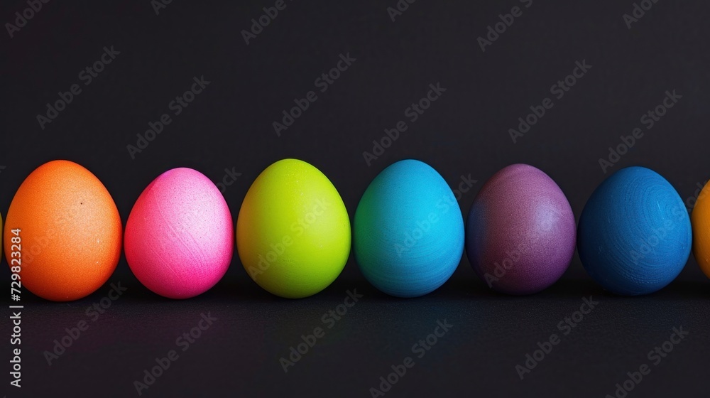 Poster a row of brightly colored eggs sitting in a row next to each other on a black background with a blac