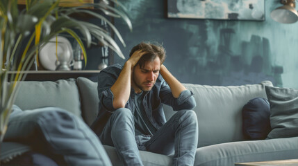 Obraz premium A tired man sits on the sofa and holds his head. 