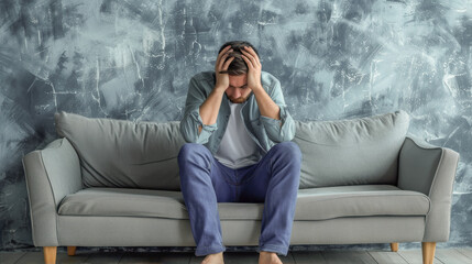 Naklejka premium A tired man sits on the sofa and holds his head. 