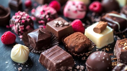  a table topped with assorted chocolates and raspberries on top of a blue table cloth next to a pile of other chocolates on top of other chocolates.