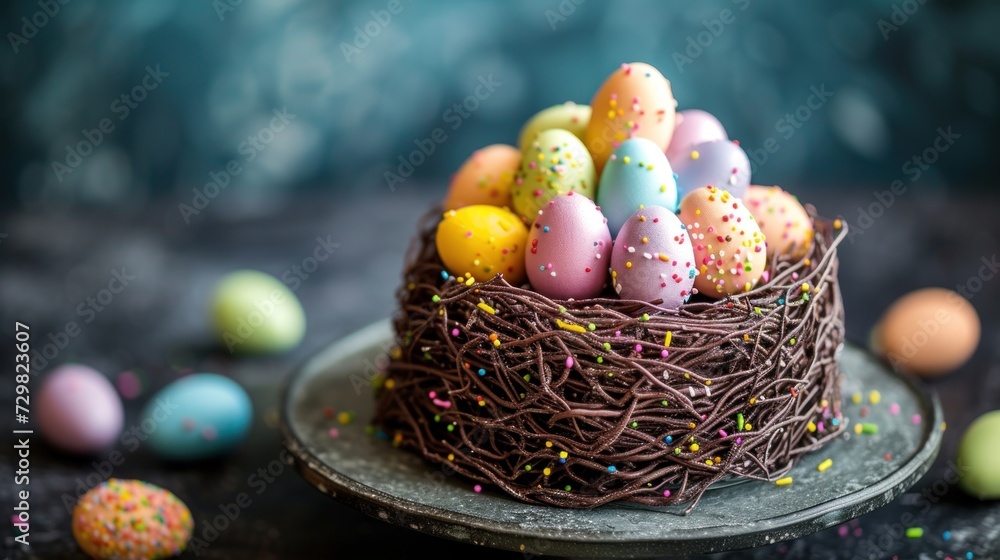 Aufkleber a chocolate cake with sprinkles and eggs in a bird's nest on a black table with other colored eggs i
