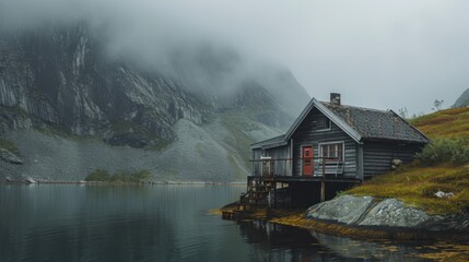 Fototapeta na wymiar a cabin sits on the edge of a body of water in front of a mountain with a red door and a red door on the front of the cabin is surrounded by foggy water.