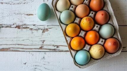  a carton filled with different colored eggs on top of a white wooden table next to an egg laying on top of an egg carton next to an egg in a carton.