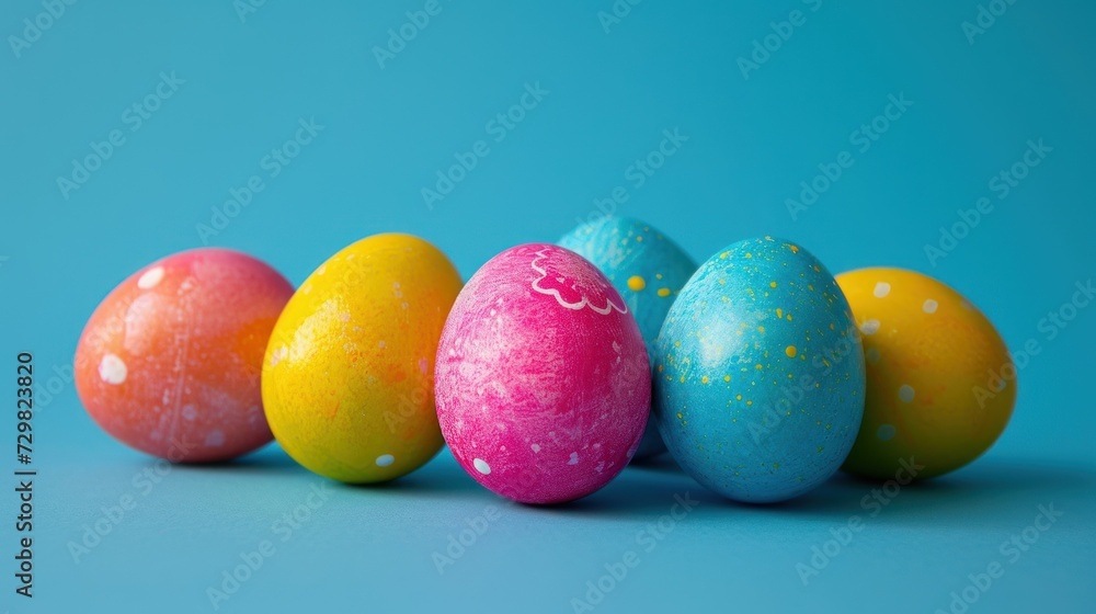 Poster a row of painted eggs sitting on top of a blue surface with one egg in the middle of the row and the