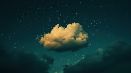  a cloud that is floating in the air with stars in the night sky above it and the stars in the sky above it, and below it is a dark blue sky with stars.