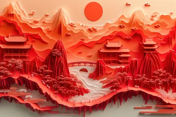 Tuinposter Chinese style red Paper Cuttings landscape and ancient architecture landscape painting © Govan