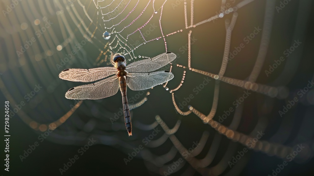 Poster a close up of a dragonfly on a cobwe with water droplets on it's wings and a spider web in the middl