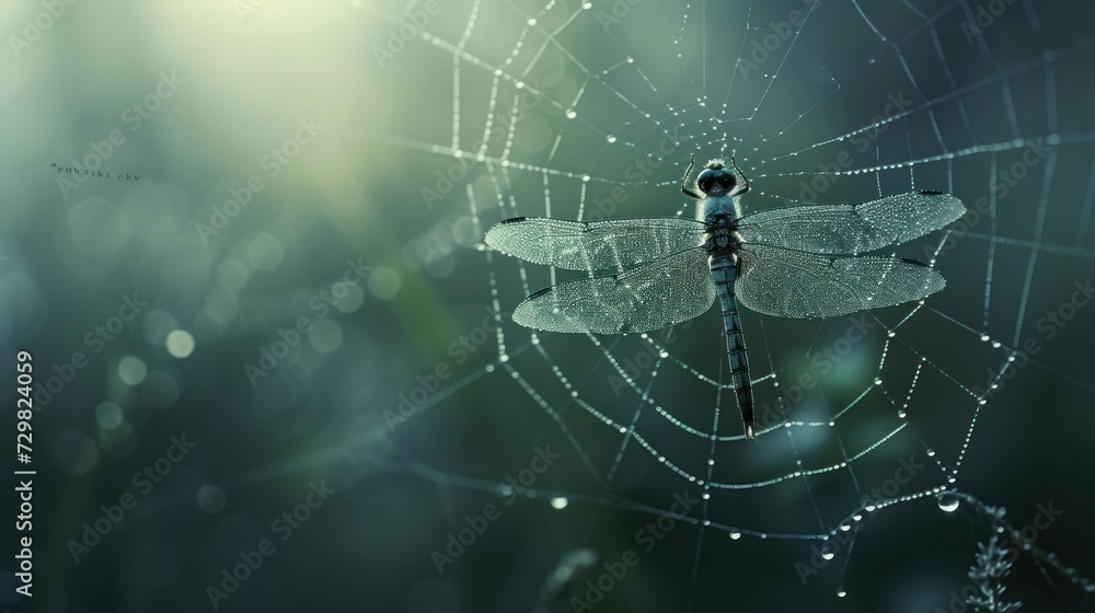 Canvas Prints a close up of a spider web with a dragonfly sitting on it's back, with dew drops on the web, in the 