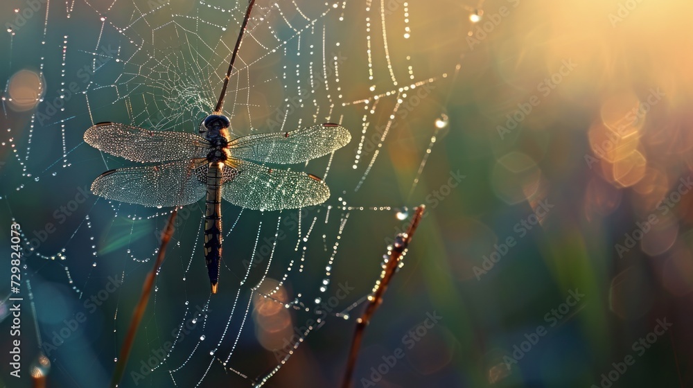 Poster a close up of a spider web with a dragonfly sitting on it's back and it's wings covered in drops of 
