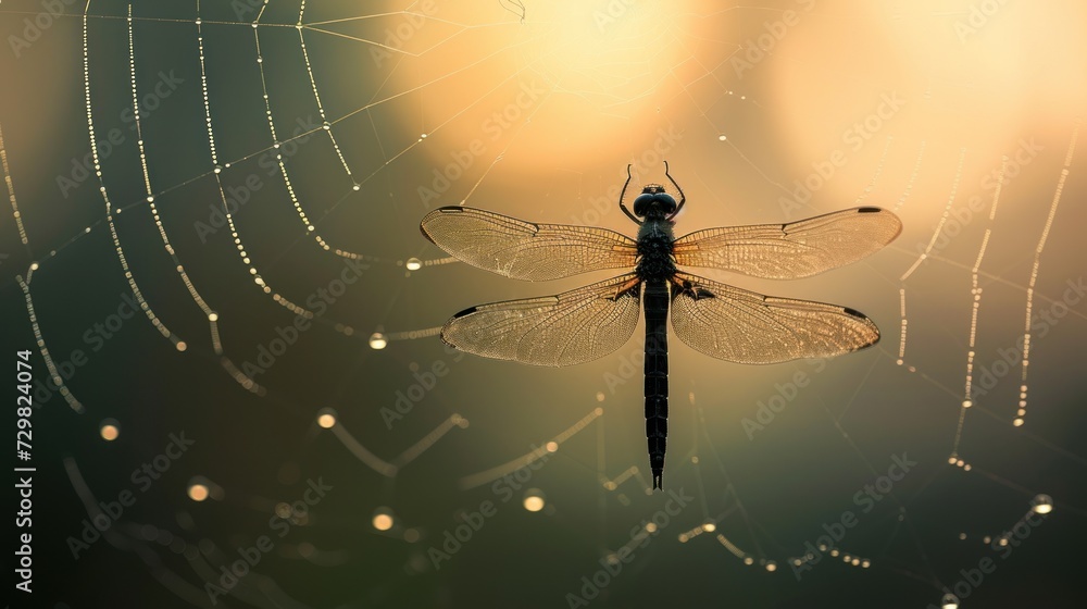 Poster a close up of a dragonfly on a web with drops of water on it's back and a blurry background of dew d