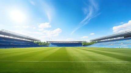 A spacious large football field and green lawn under the blue sky and white clouds