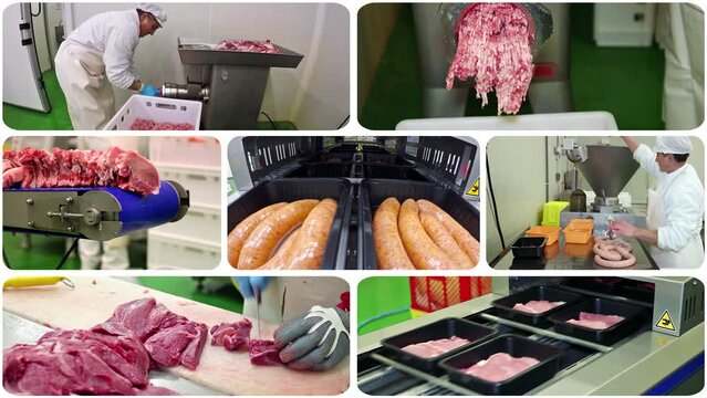 Meat Processing Factory. Butcher at Work. Fresh Meat Packing Line. Automatic Vacuum Meat Packaging in Modified Atmosphere. Meat Processing Workers on a Production Line.
