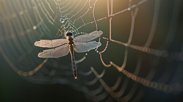  a close up of a dragonfly on a cobwe with water droplets on it's wings and a spider web in the middle of the image, with a sun shining in the background.