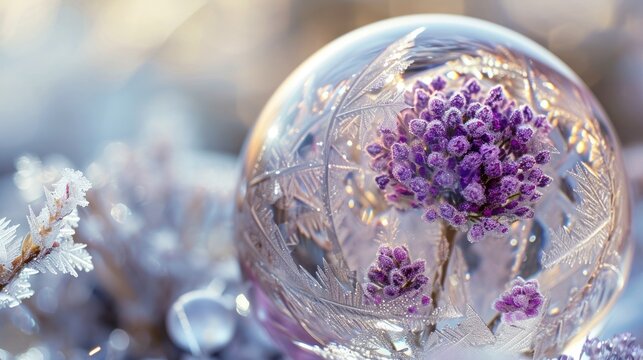  a close up of a glass ball with a flower inside of it and snow flakes on the outside of the glass ball and the inside of the glass ball.