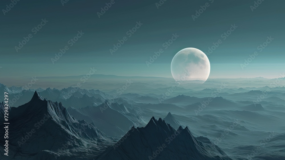 Leinwandbilder an artist's rendering of an alien landscape with mountains and a large moon in the sky with a distan