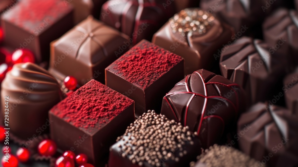 Poster a table topped with lots of chocolates covered in red and brown frosted toppings on top of each of t
