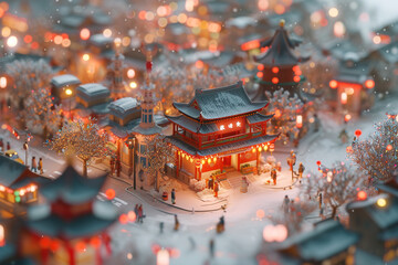 A miniature model of a Chinese style town decorated with lanterns and decorations during the Spring...
