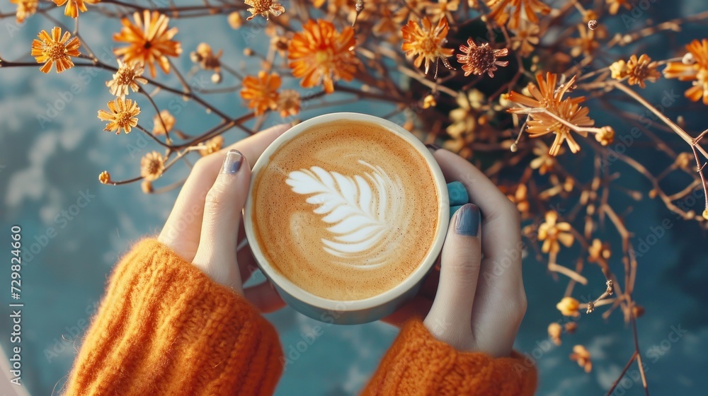 Poster a close up of a person holding a cup of coffee with a leaf design on the foam in front of a tree wit