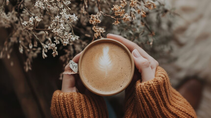  a woman holding a cup of coffee in front of a bunch of flowers with a tag on the top of the cup and a ring on her left side of the cup. - obrazy, fototapety, plakaty