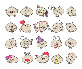 Cute dumplings characters with different facial expressions. Chinese food. Hand drawn style. Vector drawing. Collection of design elements.
