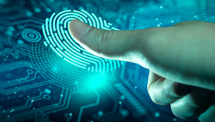 Businessman using fingerprint scan. Fingerprint scan provides access with biometrics identification...