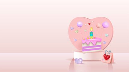 A birthday cake on the podium with icing, candles, balloons, and a heart. Birthday, banner.
Vector illustration. 3d, space for copying.