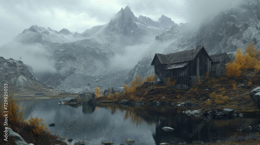 Poster a house in the middle of a mountain with a lake in the foreground and a mountain range in the backgr