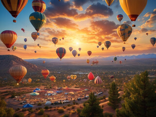 Colorful hot air balloons flying over the scenic landscape.