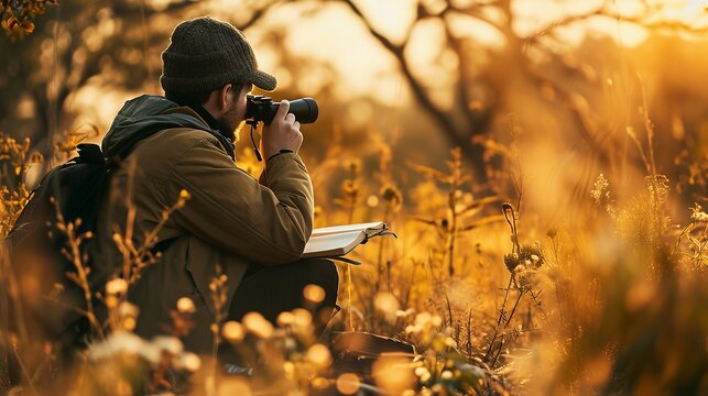Outdoor Photographer Capturing Nature During Golden Hour, Holding Notebook Amidst Wildflowers in Autumn