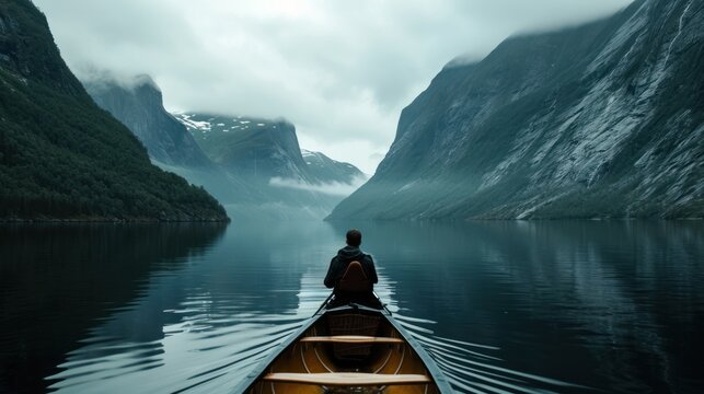  a person sitting in a boat in the middle of a body of water with mountains in the back ground and fog in the air, and fog in the air.