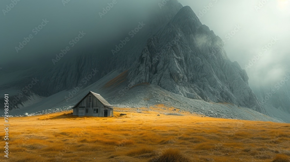 Poster a house in the middle of a field with a mountain in the background and a cloudy sky in the foregroun