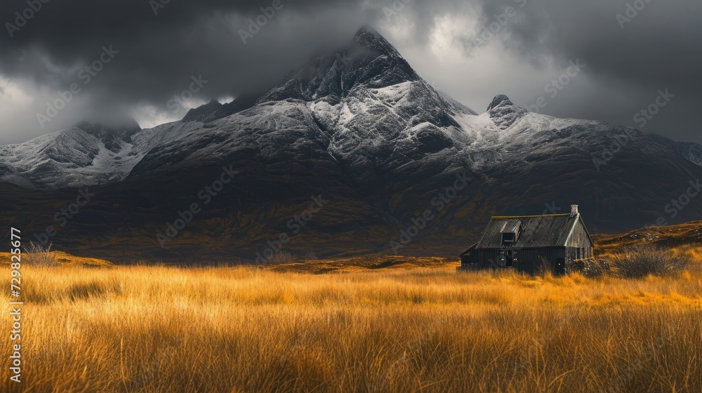 Poster a house in the middle of a field with a mountain in the background in the background is a dark cloud
