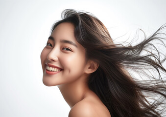 Portrait of a beautiful woman with a bright smile, hair is a beautiful black color, shampoo advertising concept Hair conditioner and cosmetic products,Generative AI