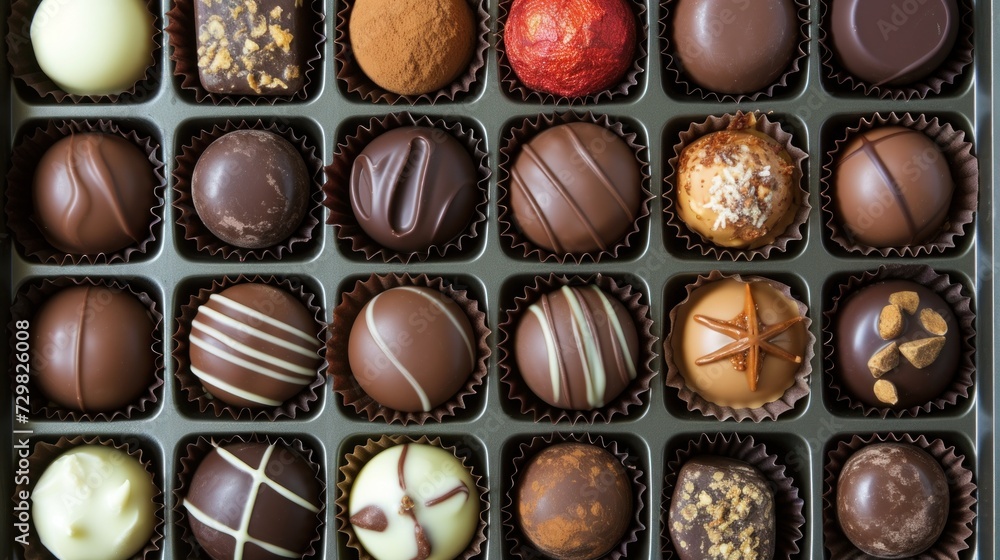 Poster a box of chocolates with a variety of different types of chocolates in each of the chocolates on the