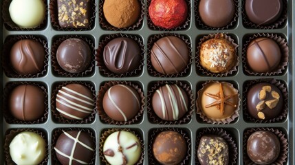  a box of chocolates with a variety of different types of chocolates in each of the chocolates on the side of the box are different types of chocolates.