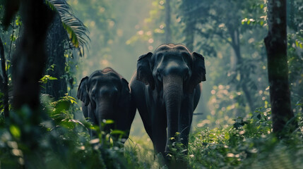 Fototapeta premium a couple of elephants walking through a forest filled with lush green plants and trees in front of a forest filled with lots of tall, green trees and leafy foliage.