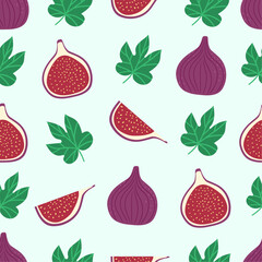 Seamless pattern, background with figs whole and slices. Hand drawn exotic fruit for fabric print.