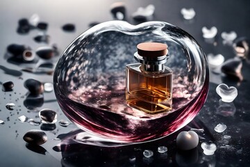 perfumes bottles background in the shape of the stars heart saddles and many their  design abstract perfume spirit in pink color moving inside the transparent bottle   - obrazy, fototapety, plakaty