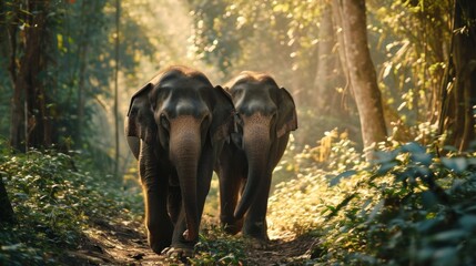  two elephants walking down a dirt path in the middle of a forest with trees and bushes on either side of the path, with sunlight streaming through the trees and behind them.