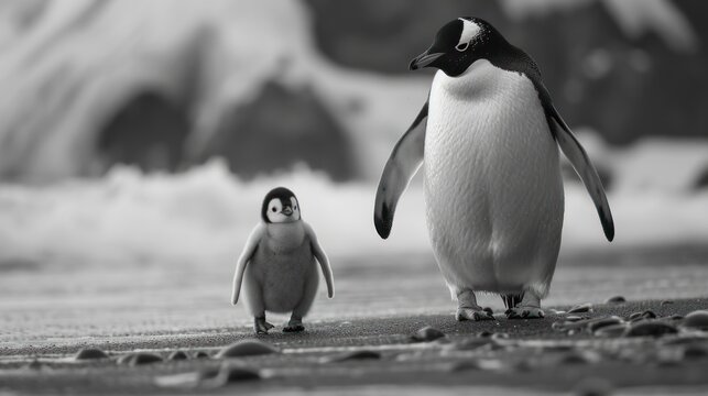  a black and white photo of a penguin and a baby penguin standing on a beach next to a wave crashing on the shore of a body of water in black and white.