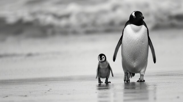  a black and white photo of a penguin and a baby penguin on a beach with the ocean in the background and a blurry sky in the background.