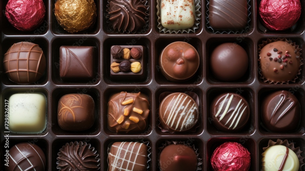 Poster a close up of a box of chocolates with different types of chocolates on top of each of the chocolate