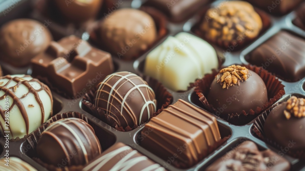 Poster a close up of a box of chocolates with nuts on the top of one of the chocolates and the rest of the 