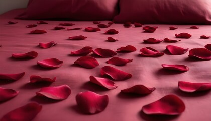 Red rose petals on scarlet red silk bed