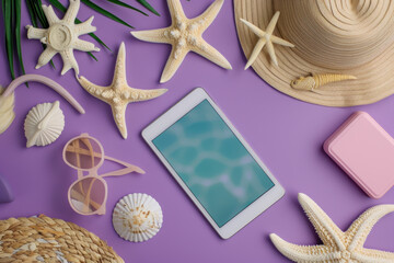 Fototapeta na wymiar Top view summer holiday background, Tablet computer blank screen, hat, with starfish and shells, on purple background, Flat lay Minimal fashion summer holiday vacation concept